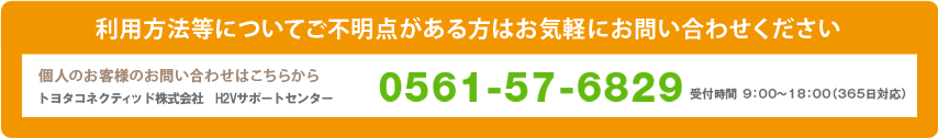 利用方法等についてご不明点がある方はお気軽にお問い合わせください　個人のお客様のお問い合わせはこちらから　トヨタコネクティッド株式会社　H2Vサポートセンター　0561-57-6829　受付時間9：00～18：00（365日対応）